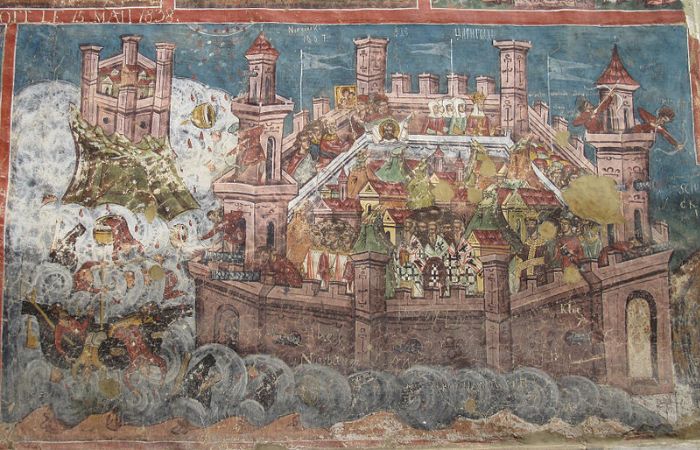 Avar, Sasani, Slav güçlerinin birlikte üstlendikleri Konstantinopolis Kuşatması (626), Romanya'daki Moldovița Manastırı'ndaki duvar resimlerinde görülüyor.