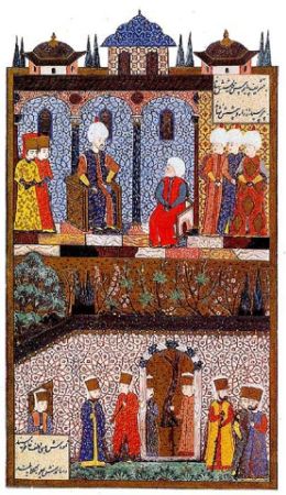 Barbaros Hayreddin Paşa Kanuni Sultan Süleyman huzurunda, Arifî Çelebî'nin 1558 tarihli Süleymanname adlı eserinden
