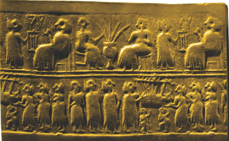 Uzun kamışlardan bira içen iki kişiyi gösteriyor. Khafajeh-Irak; Erken Hanedanlık dönemi, yaklaşık MÖ 2600–2350
