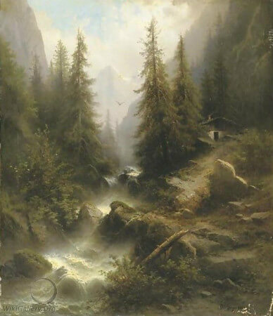 Albert Rieger, Waterfall Cascading Amongst Pine Trees in The Alps