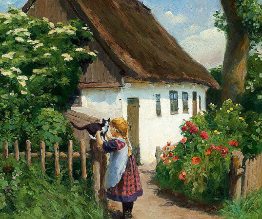 Hans Andersson Brendekilde, Summer Day in The Village With A Little Girl And A Kitten