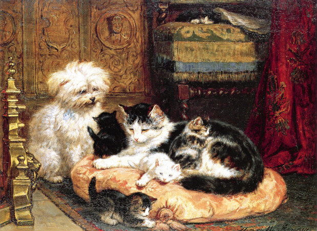 Henriette Ronner-Knip, A Cat With Her Four Kittens With A Friendly Dog