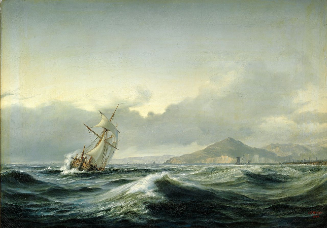 Anton Melbye, Seascape With Sailing Ship In Rough Sea, 1844