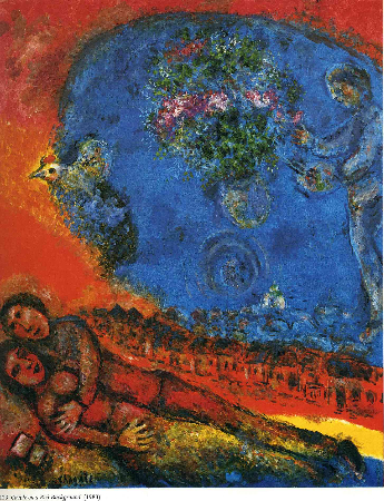 Marc Chagall, Couple On A Red Background, 1983