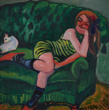 Hermann Max Pechstein, Girl On A Green Sofa With A Cat, 1910