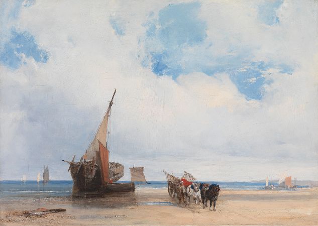 Richard Parkes Bonington, Beached Vessels and A Wagon, Near Trouville, France, 1825