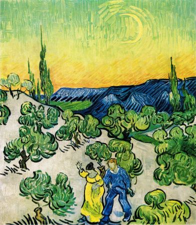 Van Gogh, Couple Walking Among Olive Trees In A Mountainous Landscape With Crescent Moon, 1890