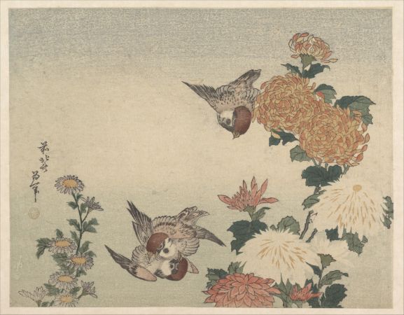 hokusai, Sparrows and Chrysanthemums, 1825